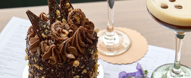 Blackwood Hotel chocolate dessert with cocktails on menu table