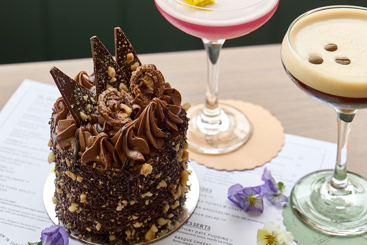Blackwood Hotel chocolate dessert with cocktails on menu table